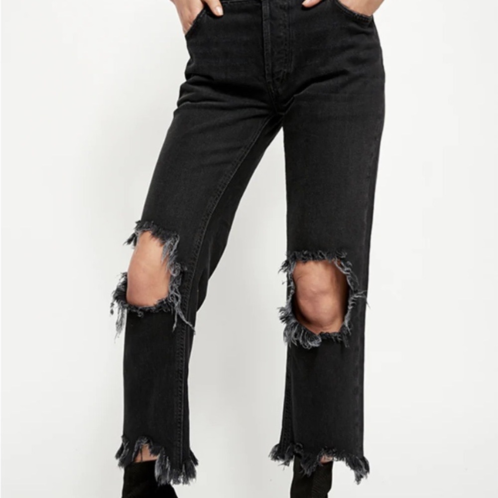 We The Free Maggie Black Straight Leg Jeans Distressed 26 Raw Hem Free People